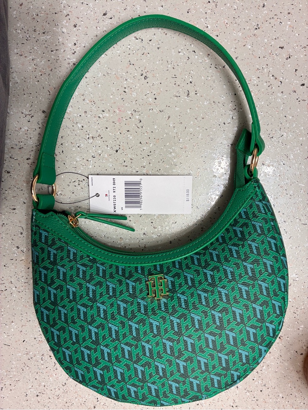 Tommy Hilfiger Green Monogram Crescent Shoulder Bag with Gold Hardware